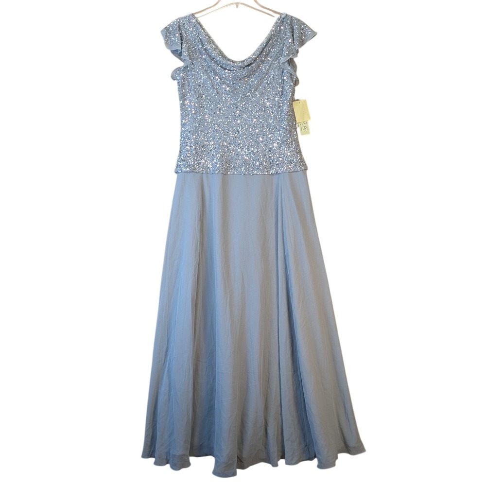 JKara Women Silver Sequin Formal Event Maxi Gown Size 8 Cowl Neck Flutter Sleeve